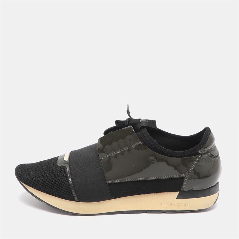 Balenciaga Race Runner Size 43 Black/Olive Mesh And Patent Leather Low Top